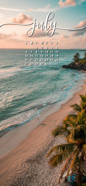 Beach Aesthetic July lock screen calendar wallpaper