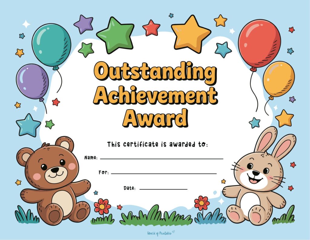 Bear and Bunny Preschool Certificate of Achievement