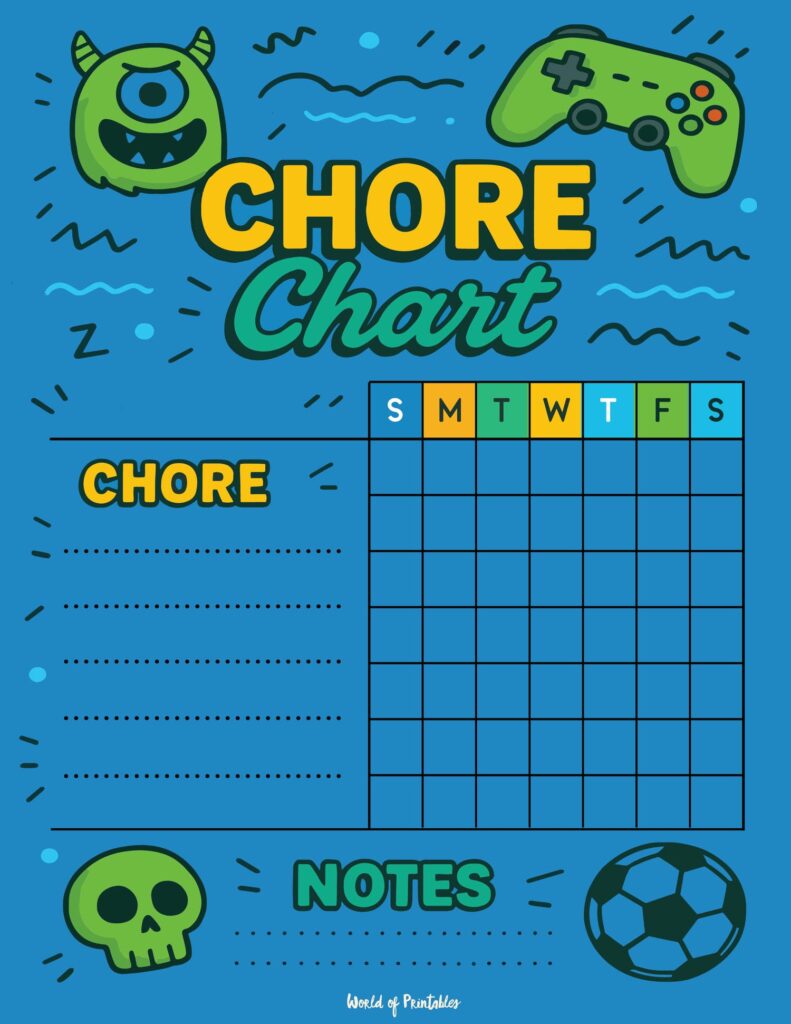 Blue and Green Gamer Free Printable Chore Chart List Kids