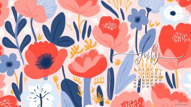 Bold Floral July desktop calendar wallpaper