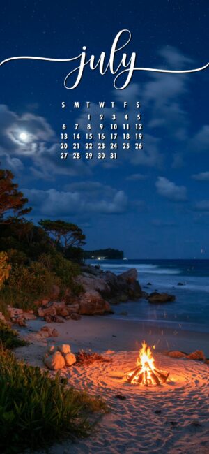 Bonfire Beach Cute July calendar wallpaper for iPhone