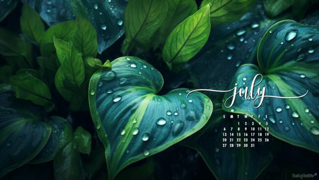 Botanical July calendar wallpaper for desktop