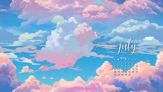 Clouds Minimal July desktop wallpaper with calendar