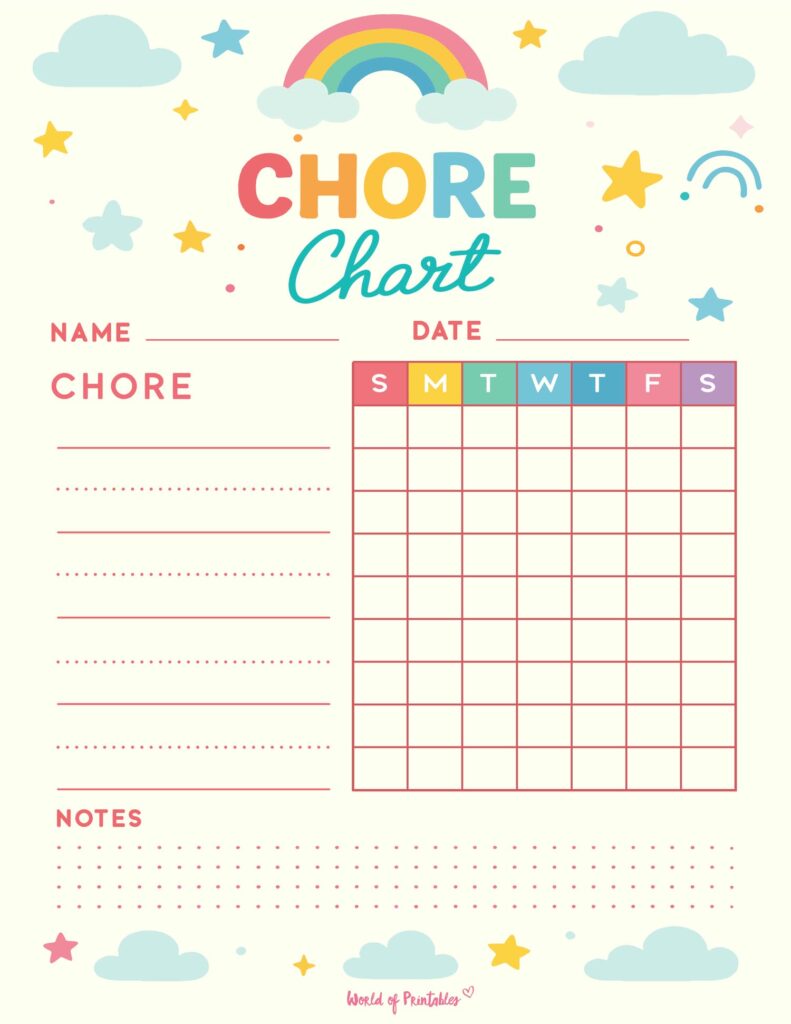 Clouds and Rainbow Daily Responsibility Chart For Kids