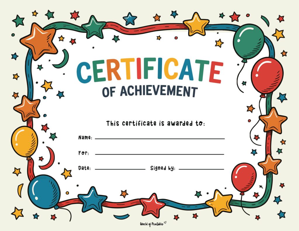 Confetti and Balloon Academic Achievement Certificate for Kids