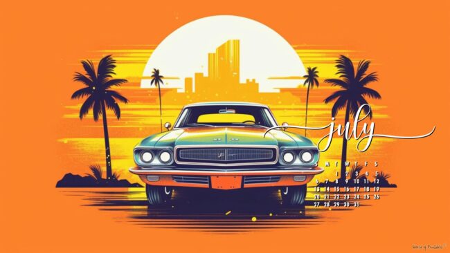Cool Car July calendar wallpaper for desktop