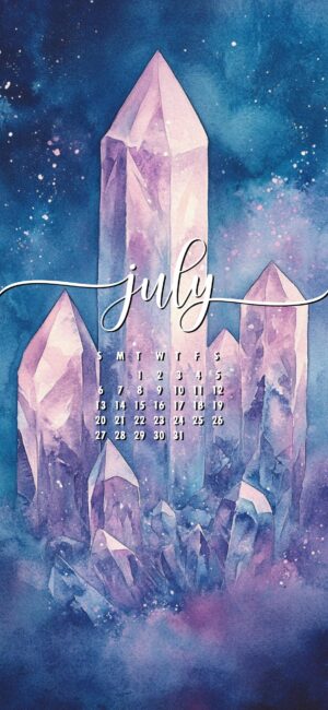 Crystal July phone wallpaper with monthly calendar