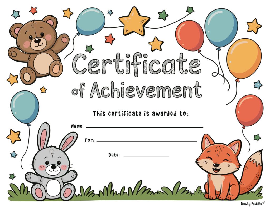 Cute Animals Printable Student Award Certificate For Little Kids