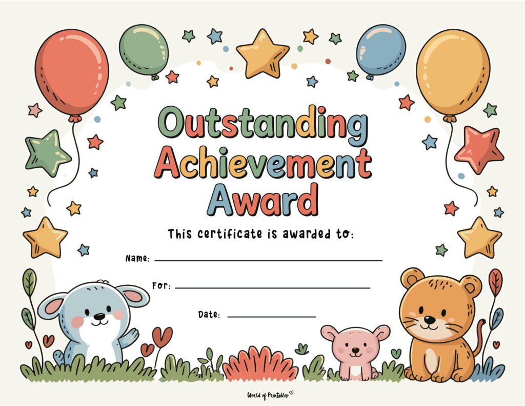 Cute Animals and Balloons Children’s Achievement Award