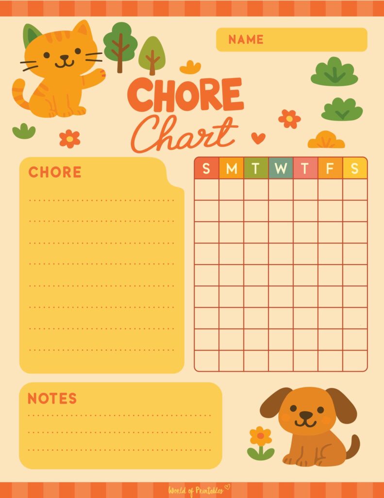 Cute Cat and Dog Kids Chore Chart Checklist Template