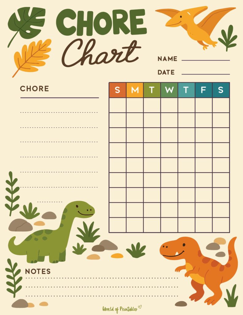 Cute Dinosaur Toddler Chore Chart List Printable