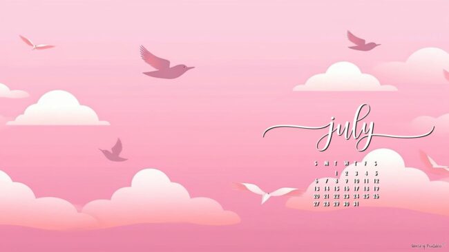 Cute Pink Sky July desktop wallpaper calendar 2025