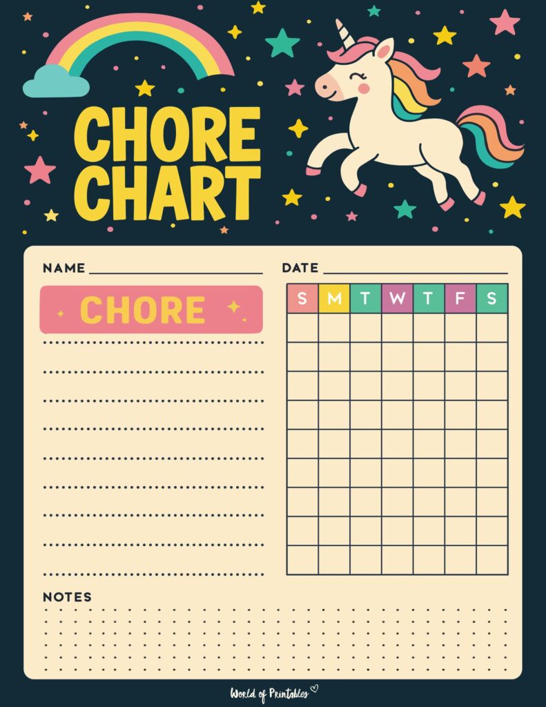 Cute Unicorn Preschool Chore Chart Template Free Printable