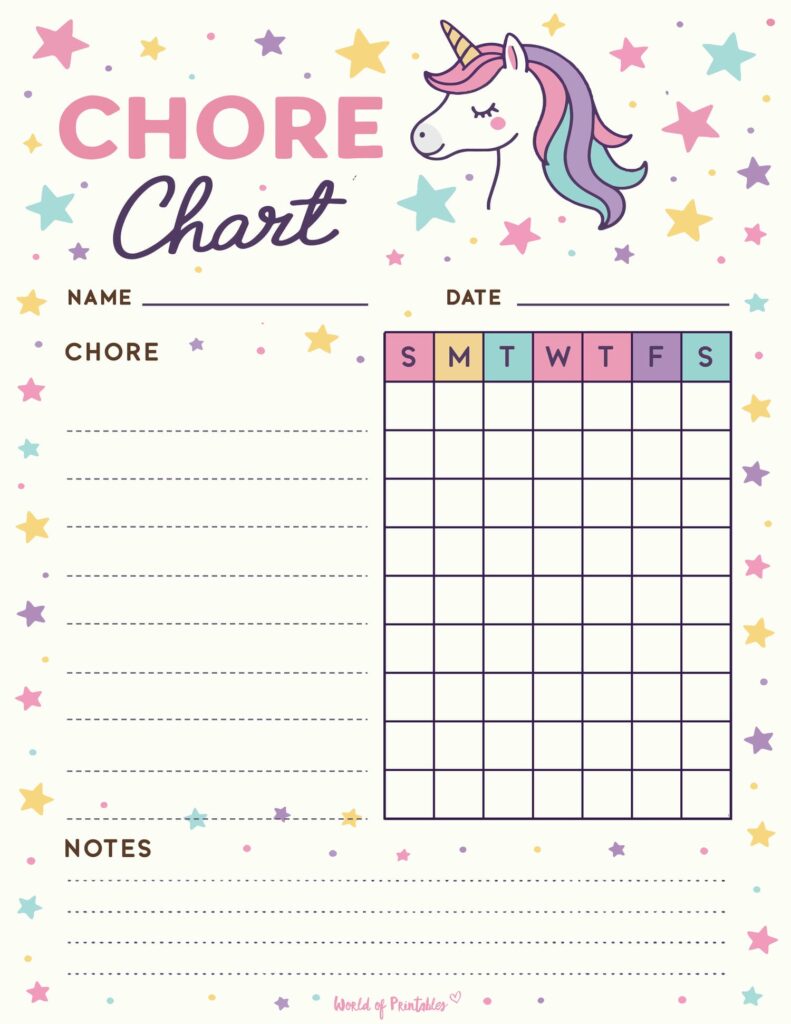 Cute Unicorn Themed Chore Chart Printable
