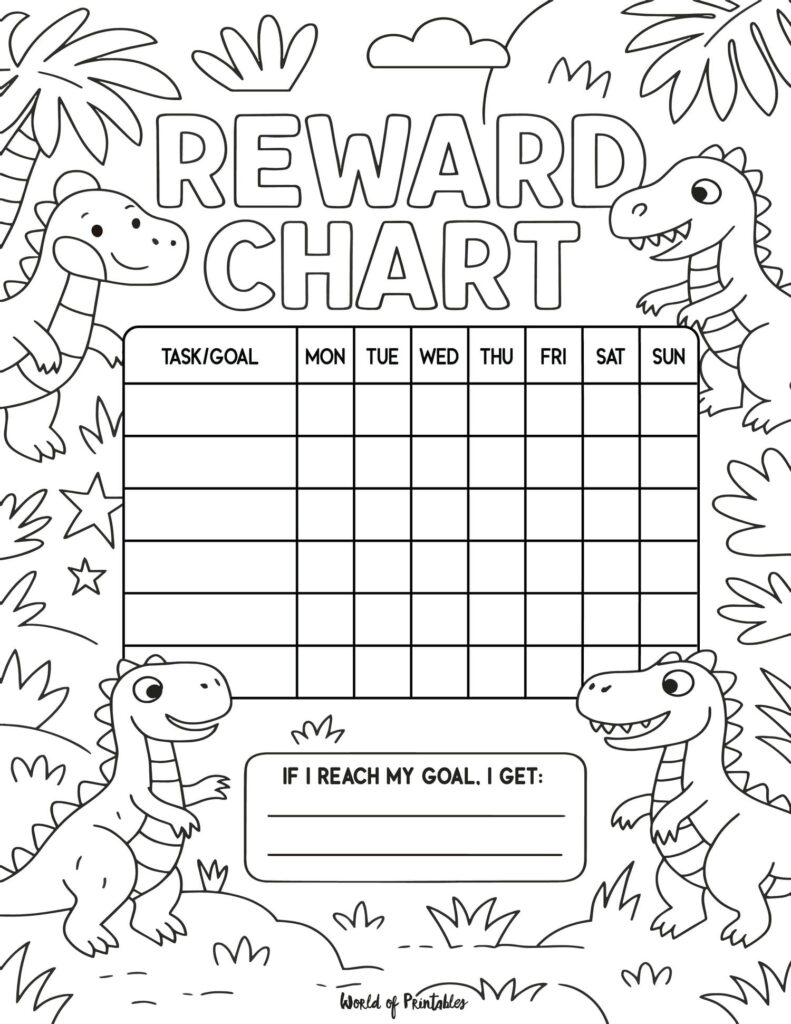 Dinosaur Printable Reward Chart for Kids to Color