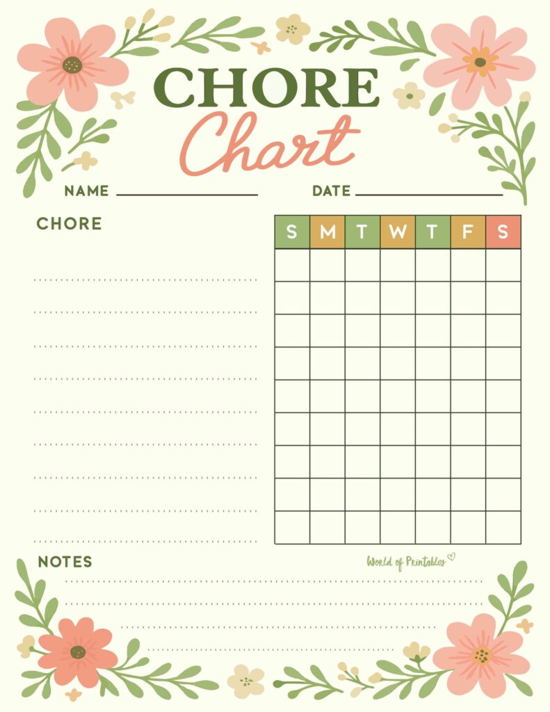 Floral Chore Chart Template For Teen Girls