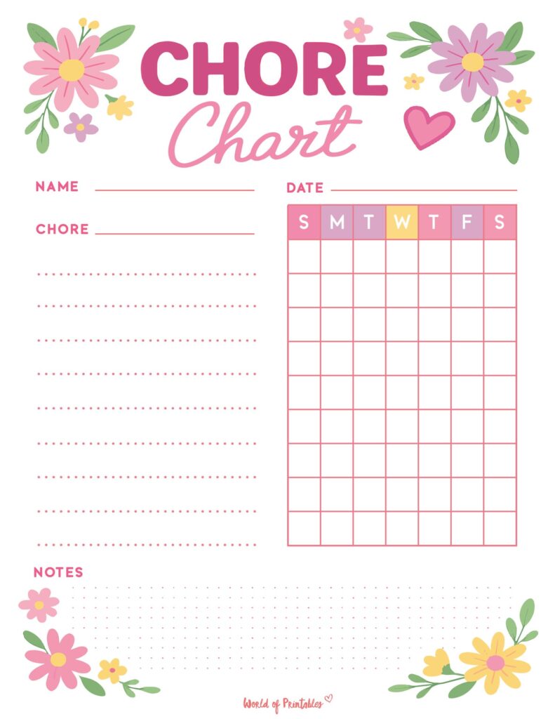 Floral Household Chore Template For Kids Free