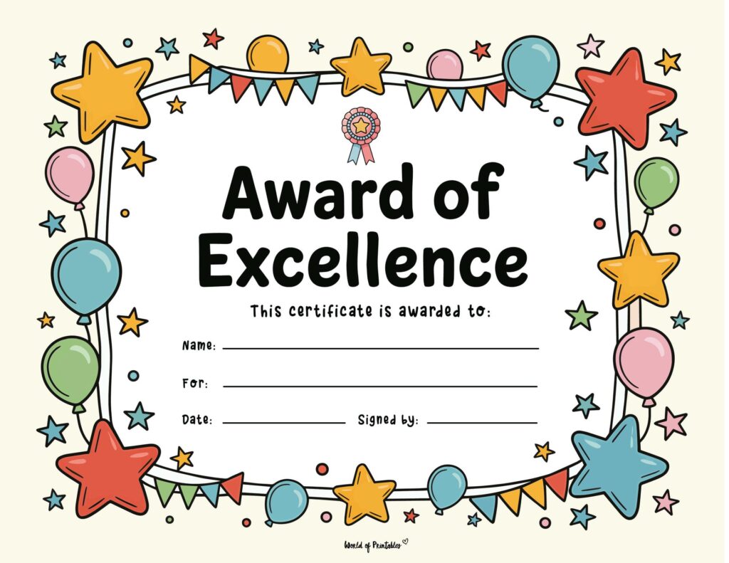 Fun Balloon and Stars Award Certificate for Children