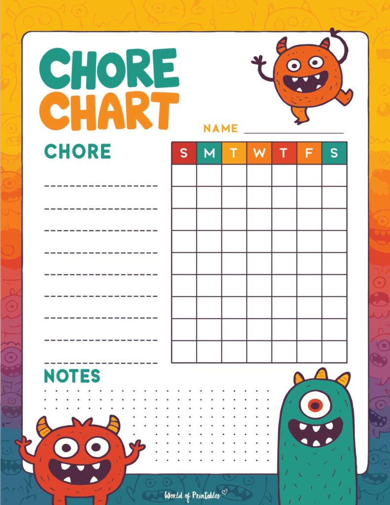 Fun Monsters Blank Responsibility Chart Template For Kids