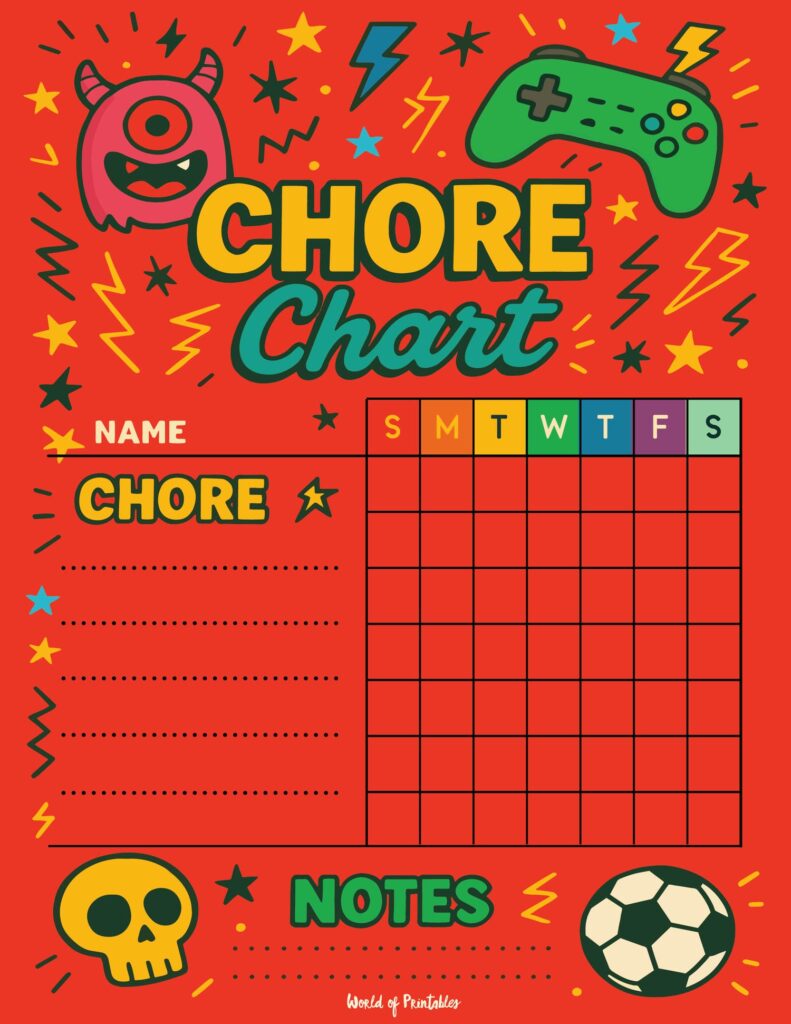 Fun Red Gamer Childrens Responsibility Chart Template