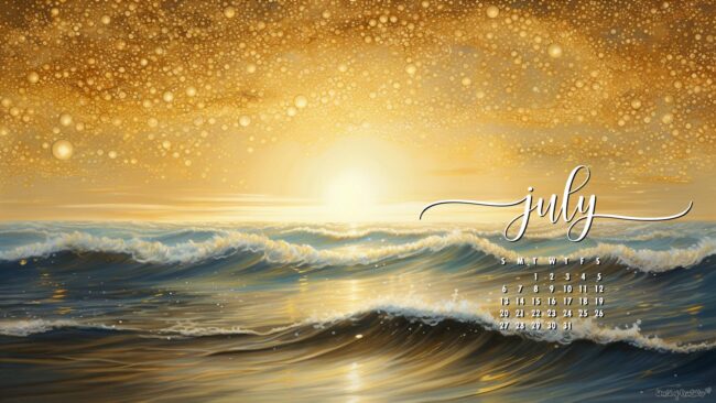 Golden Waves Full-screen July calendar desktop wallpaper
