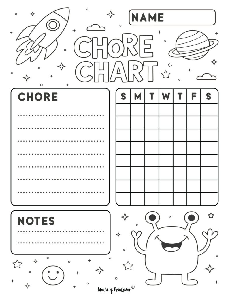 Kids Coloring Page Chore Chart in space theme