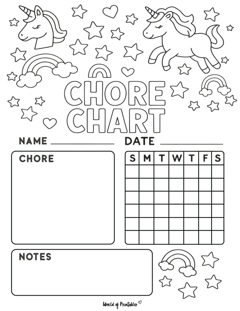 Kids Coloring Page Chore Chart in unicorn theme