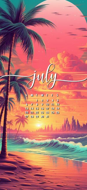 Neon Tropical July calendar wallpaper for phone