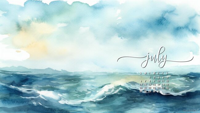 Ocean Full-screen July calendar desktop wallpaper