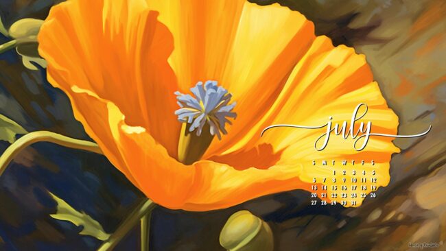 Orange Floral July desktop calendar wallpaper