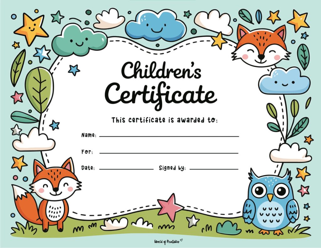 Owl and Fox Animal Homeschool Achievement Certificate