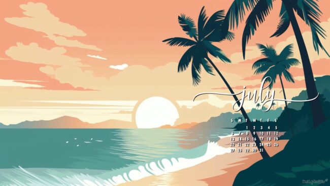 Palm Tree July calendar wallpaper HD desktop