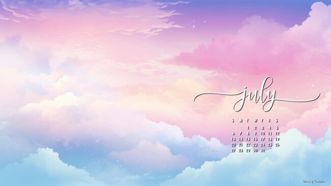 Pastel Clouds July calendar wallpaper HD desktop