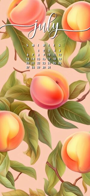 Peach July phone wallpaper with monthly calendar