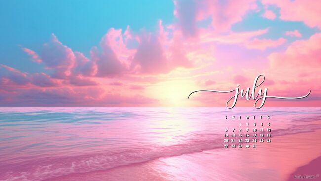 Pink Beach Cute July desktop wallpaper calendar 2025