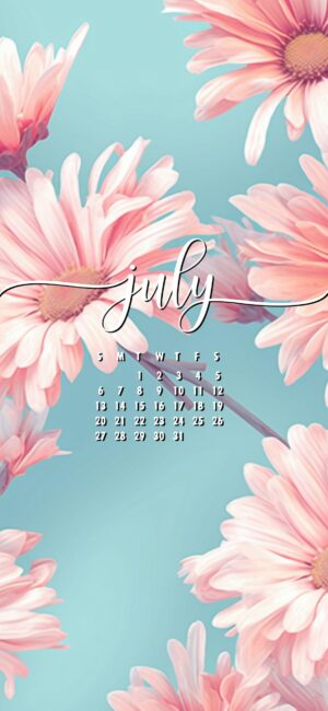 Pink Flowers July phone wallpaper with monthly calendar
