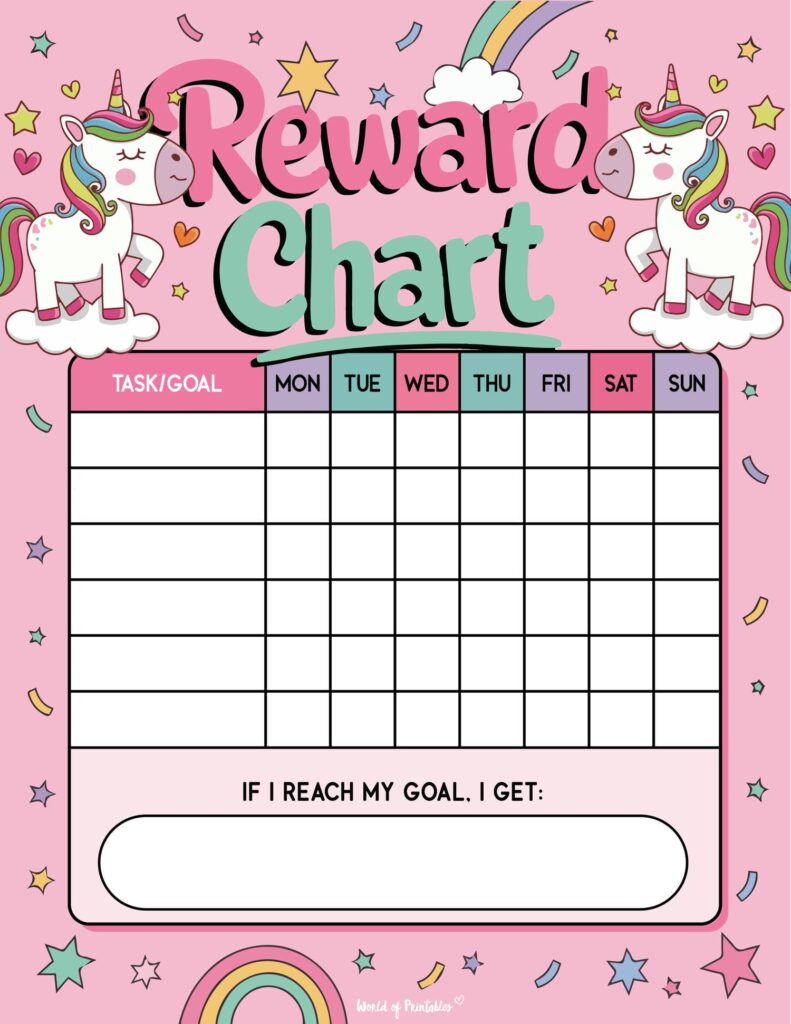 Pink Unicorn an Stars Preschool Reward Chart Printable