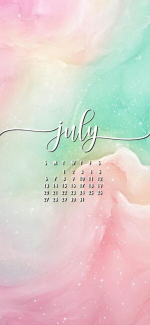 Pink and Green Pastel July calendar wallpaper for mobile