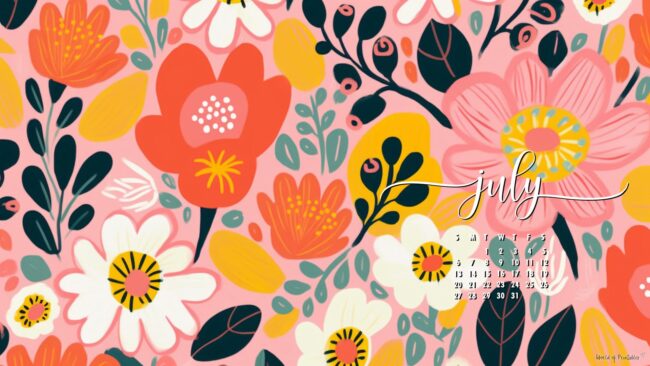 Pretty Flower Aesthetic July calendar background for computer