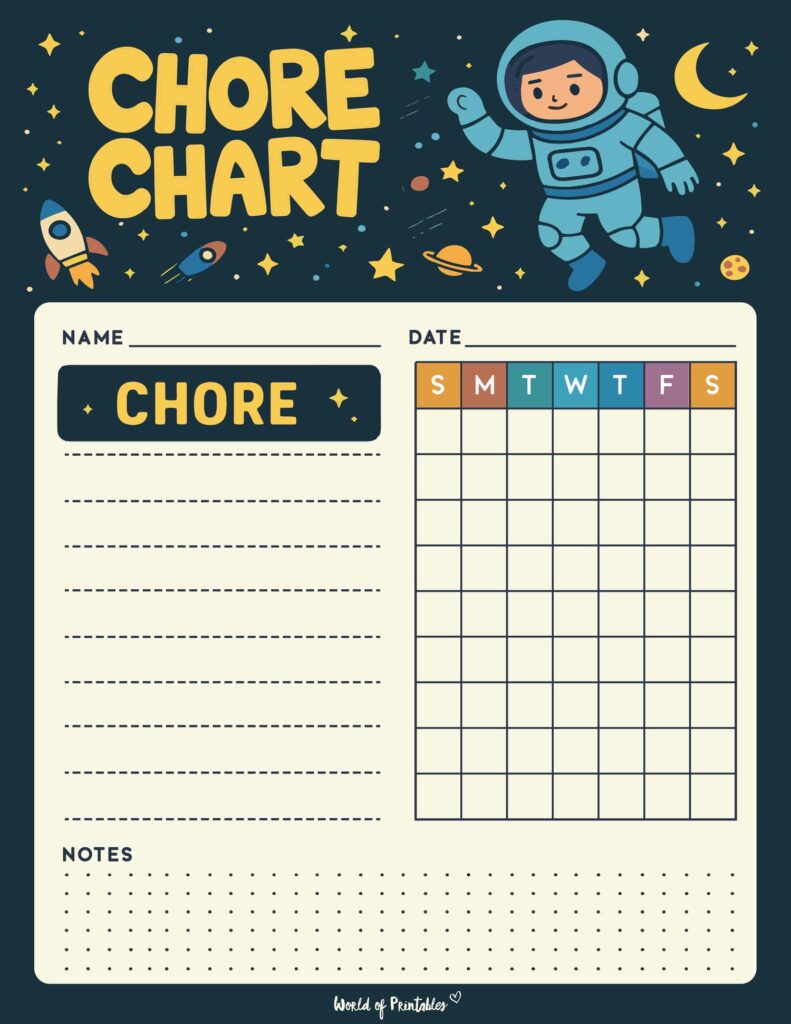 Printable Astronaut Chore Template For Kids Rooms