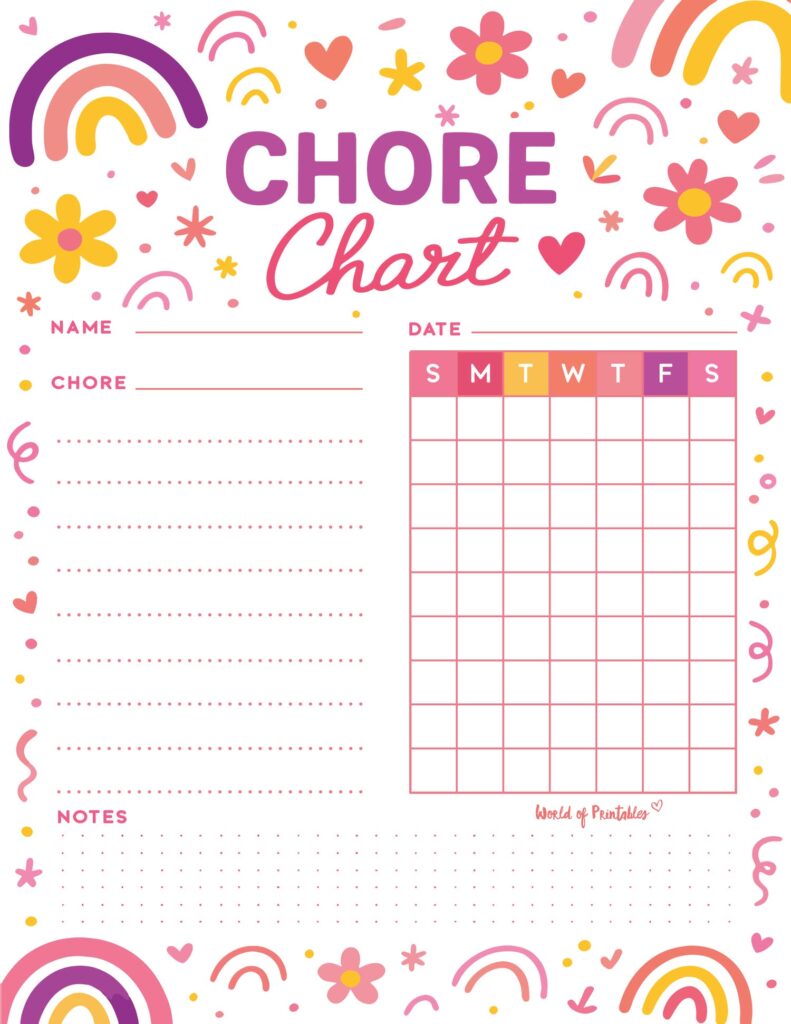 Rainbows and Flowers Kids Weekly Chore Tracker Free Printable