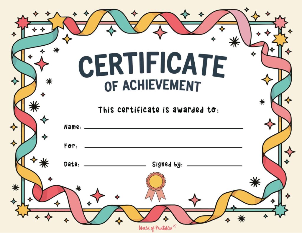 Ribbon and Stars Certificate of Achievement for Kids