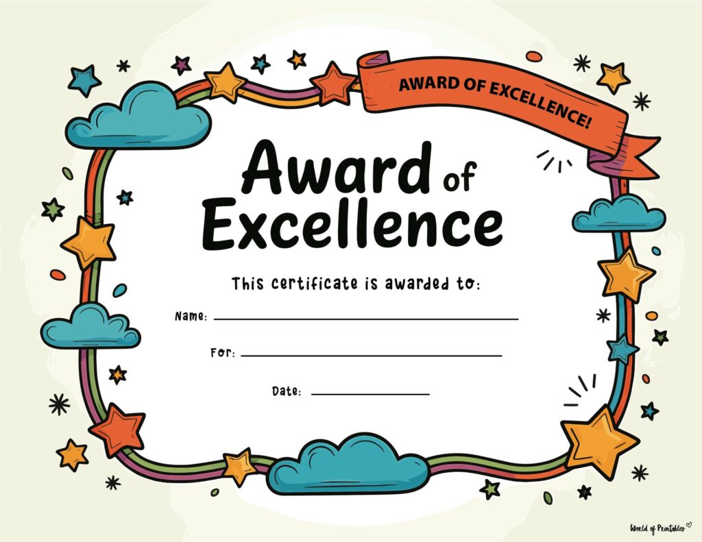 Simple Stars and Clouds Student Award of Excellence Certificate