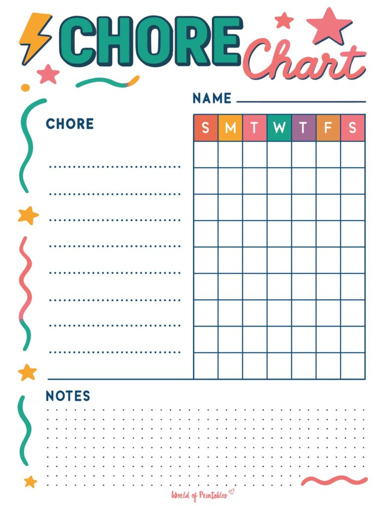Simple and Colorful Free Printable Chore Checklist For Children
