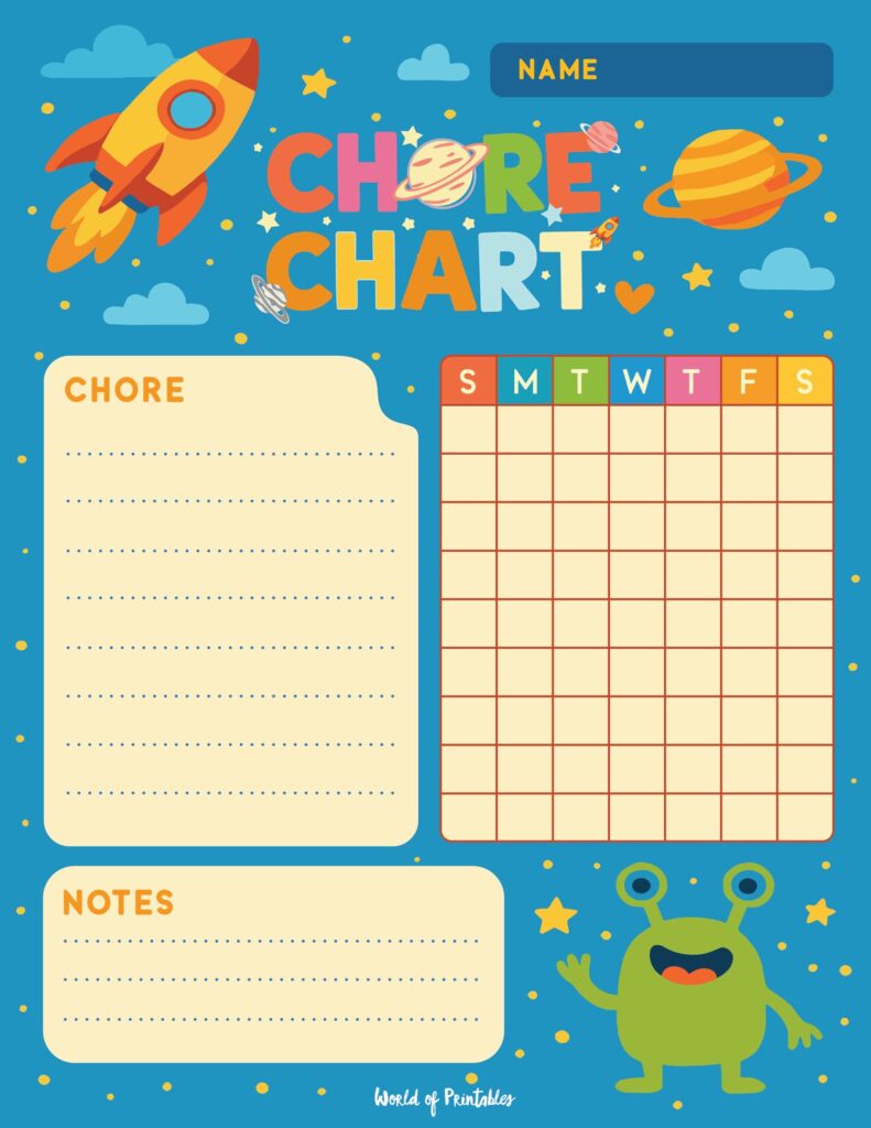 Space Theme Colorful Childrens Chore Charts Printable