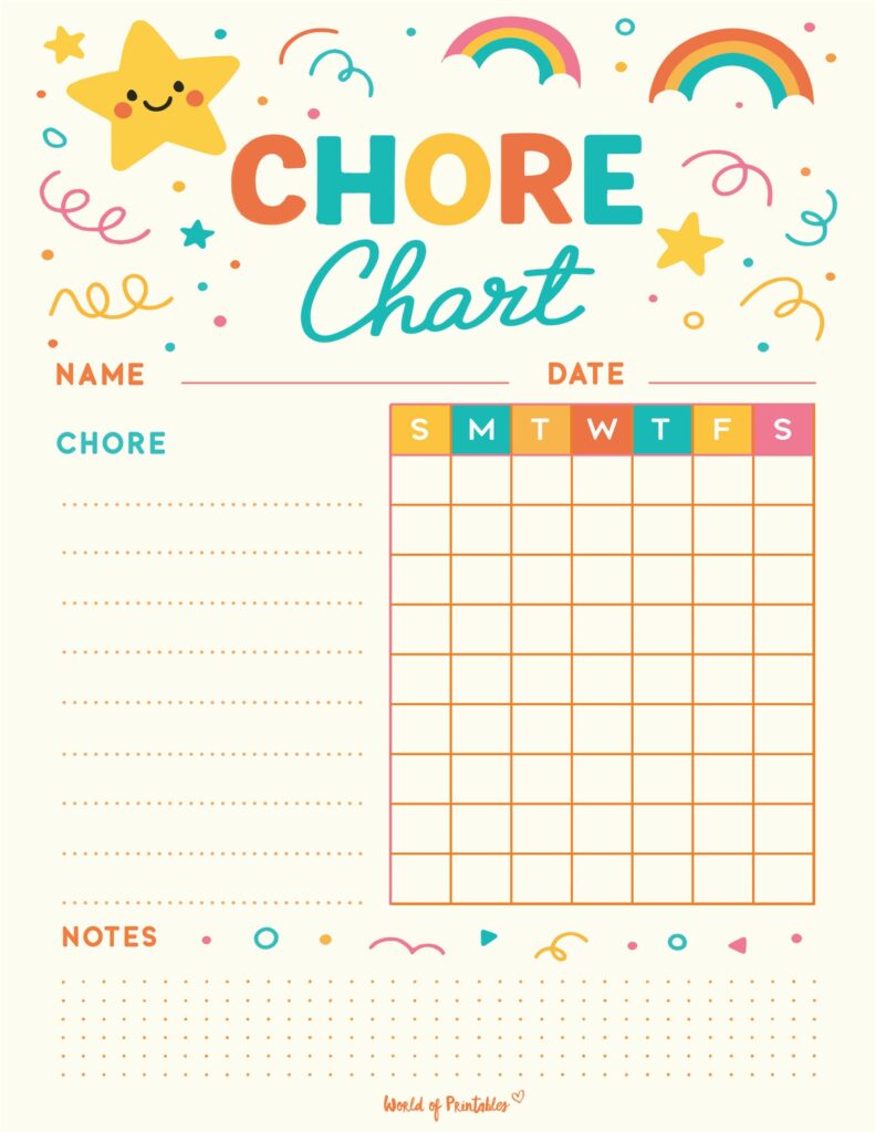 Stars and Rainbows School Age Chore Chart Template Printable