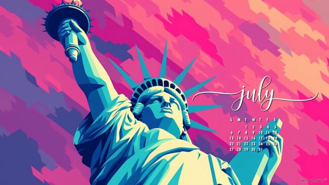 Statue of Liberty July calendar wallpaper for desktop