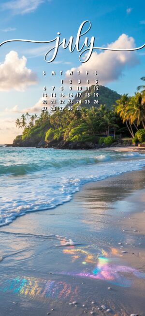 Summer Beach July lock screen calendar wallpaper
