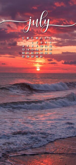 Sunset July phone wallpaper with monthly calendar