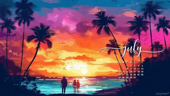 Tropical Aesthetic July calendar background for computer